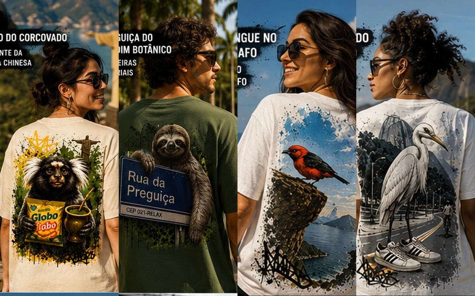 Casal de costas vestindo camisetas com estampas autorais do Rio de Janeiro